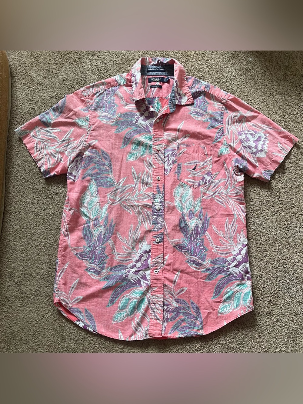 Nautica Shirt Mens Large Pink Floral Cotton Button Up Short Sleeve Purple Blue
